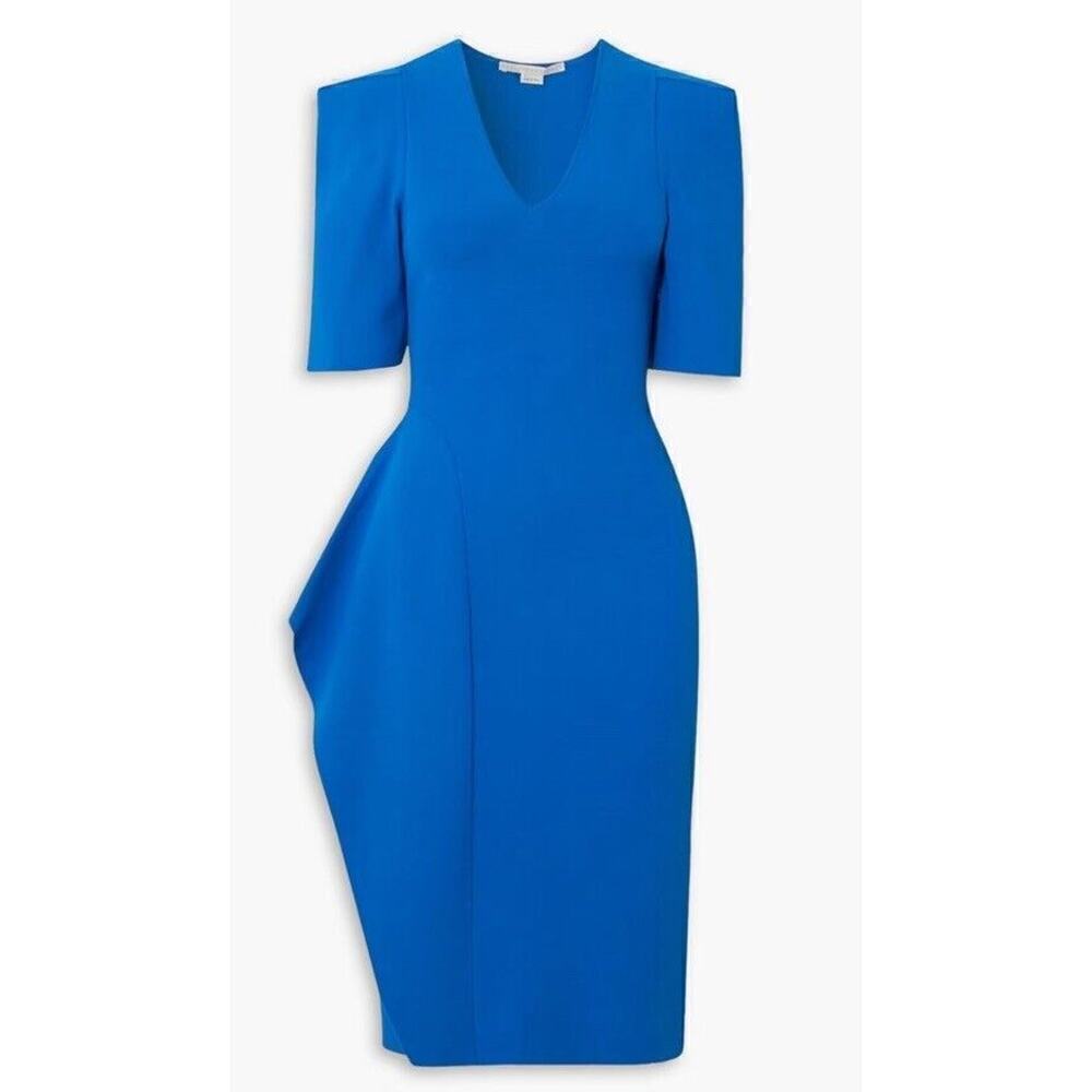 Stella McCartney Women's Size 40 Ruffled Stretch-Knit Dress Blue V Neck